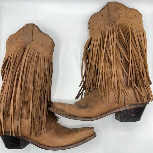 Old West Sz 8 Brown Leather Fringe Western Cowgirl Boho Boots - Picture 3 of 15